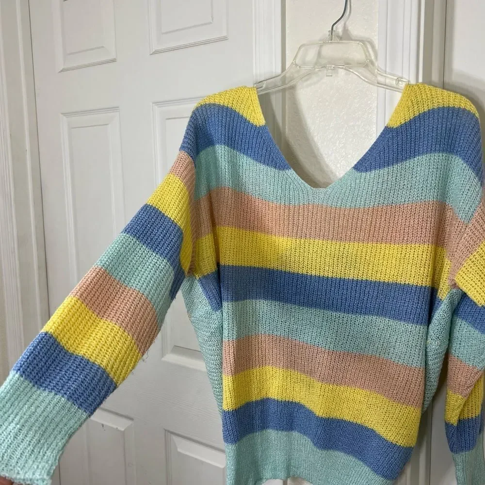 Gilli Sweater Pastel Rainbow Striped Twist Front Drop Shoulder Acrylic Size L